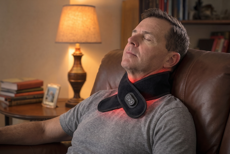 Man relaxing with the OptimalNeck Pro's deep warmth