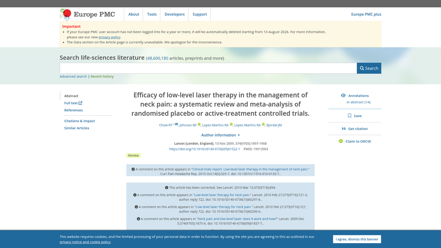 Published Lancet meta-analysis on low-level laser therapy for neck pain