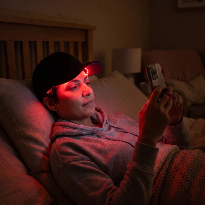 Emma L. relaxing while wearing the Optimal red light therapy cap