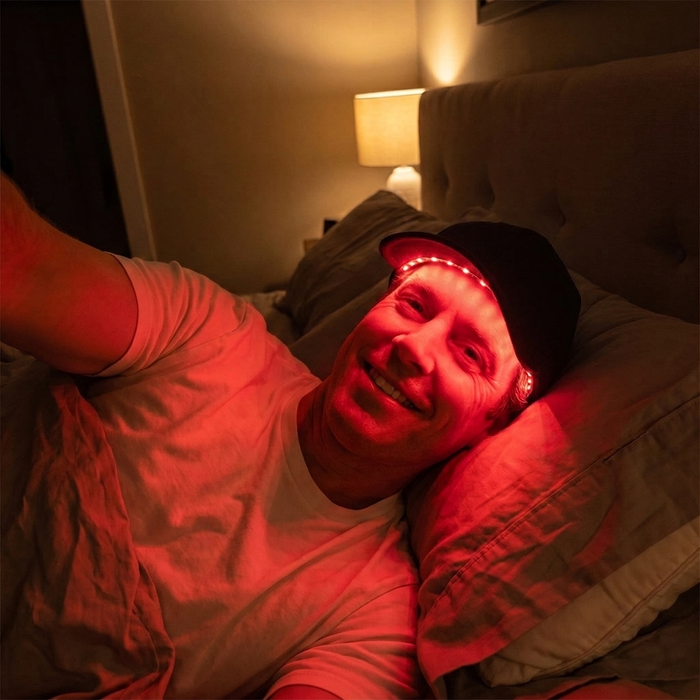 David R. using the Optimal red light therapy cap in bed