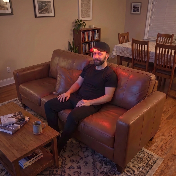 James T. wearing the Optimal red light therapy cap at home