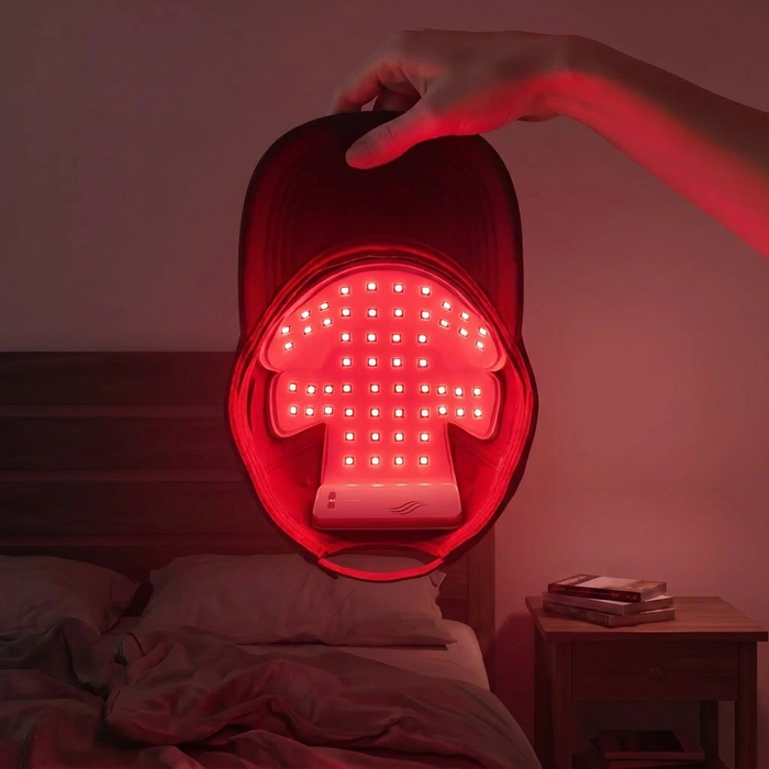 Optimal red light therapy cap glowing in a bedroom