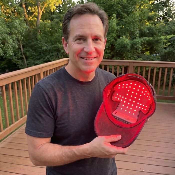 Michael T. holding the Optimal red light therapy cap outdoors