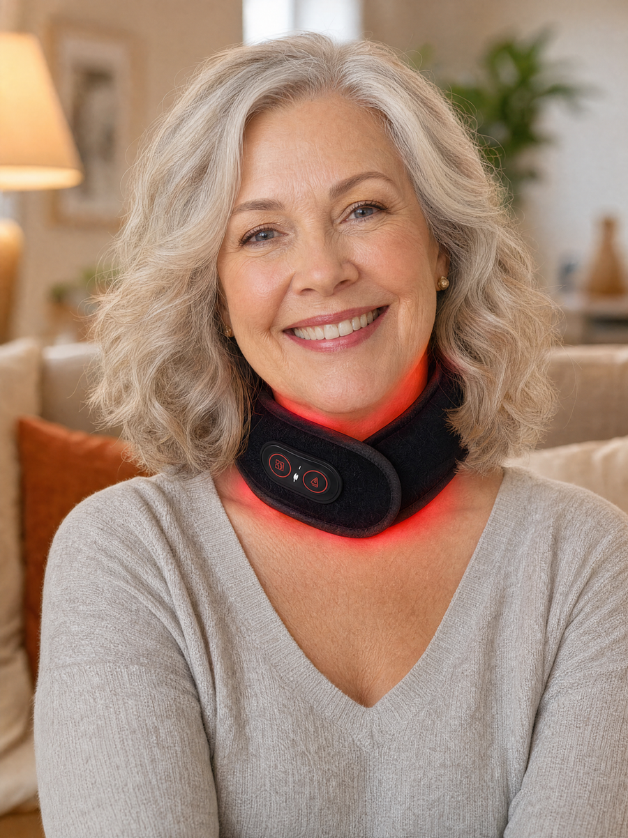 Woman wearing the OptimalNeck Pro at home