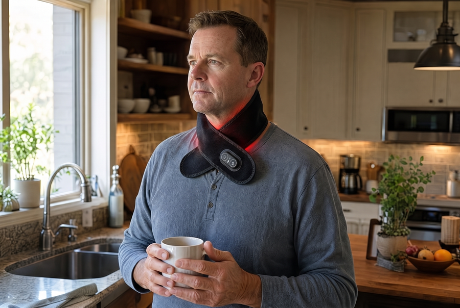 Man wearing OptimalNeck Pro in his kitchen