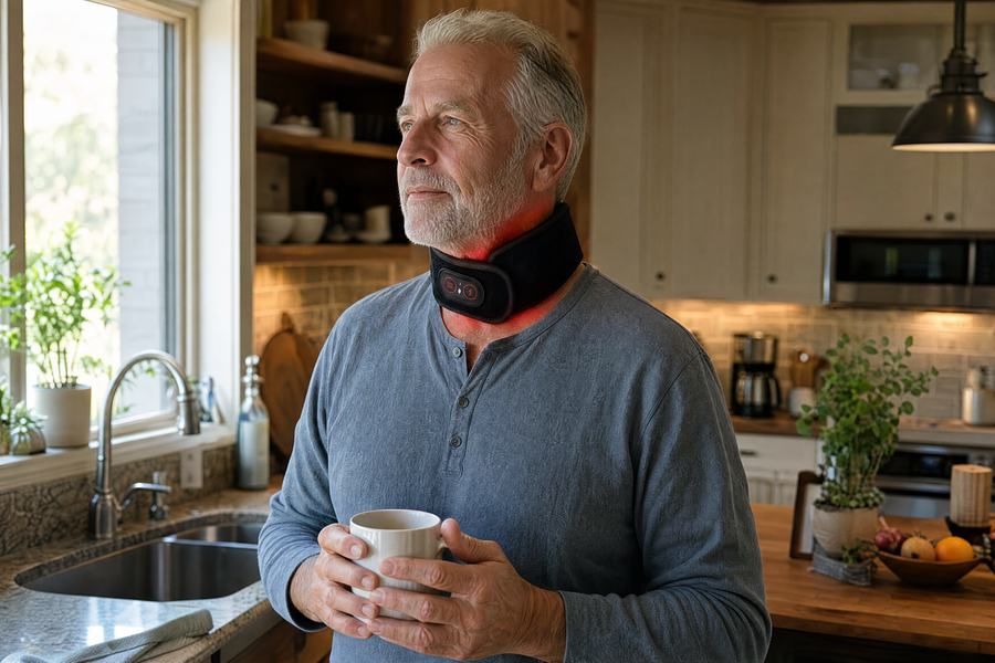 Man wearing OptimalNeck Pro in his kitchen