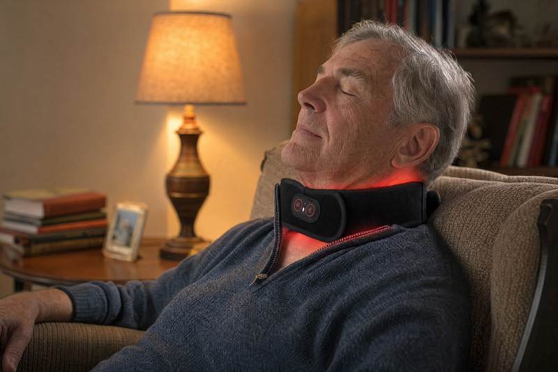 Man relaxing with the OptimalNeck Pro's deep warmth
