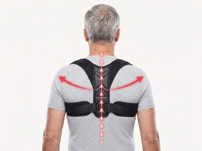 The brace draws the shoulders back and stacks the spine