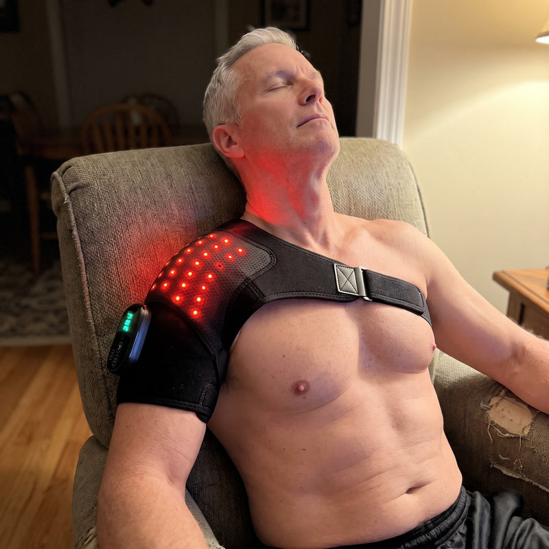 Calibrated warmth flooding the shoulder during an armchair session